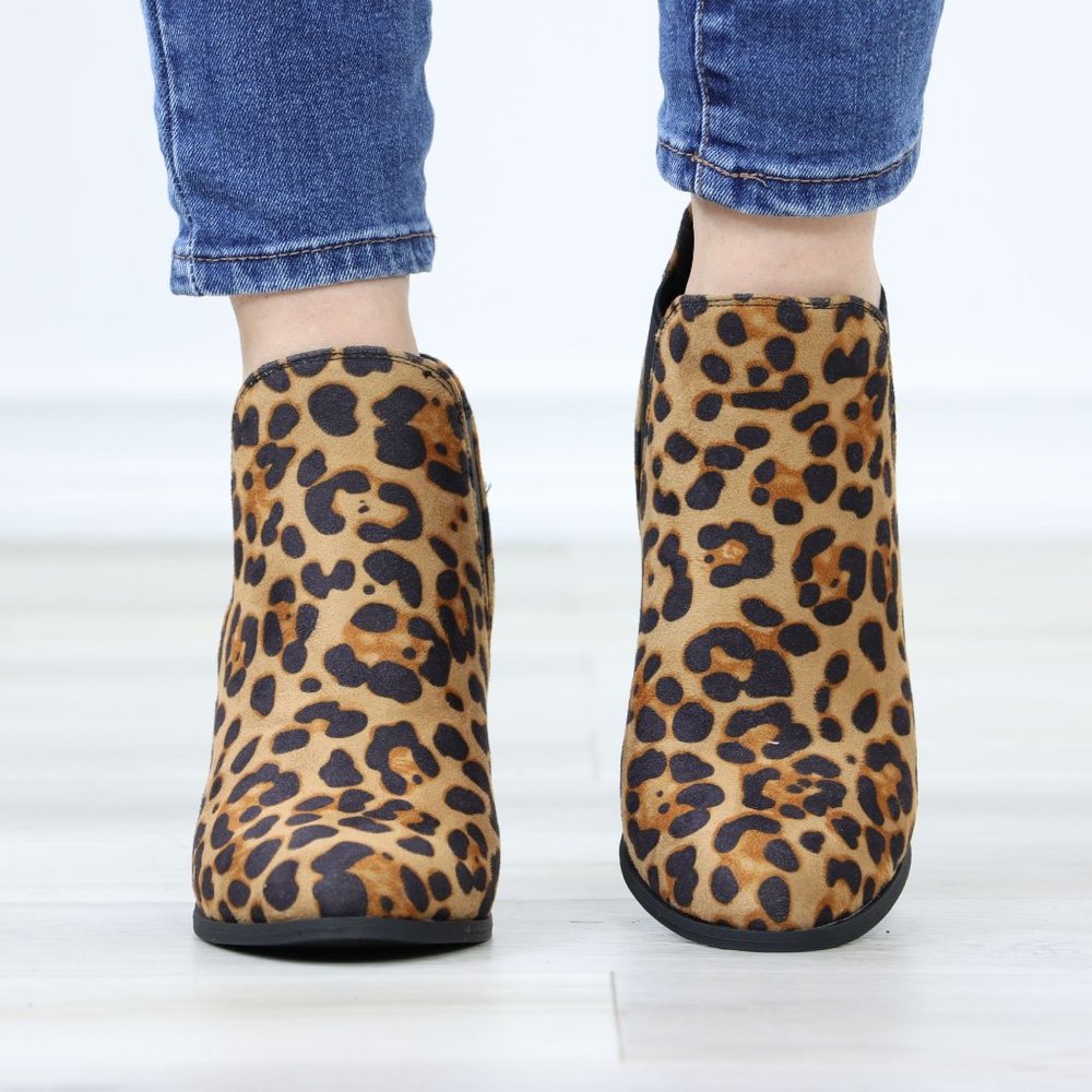 Leopard Ankle Boots High Heel Suede Booties Chelsea Cone Synthetic Pointed Toe - Picture 8 of 11
